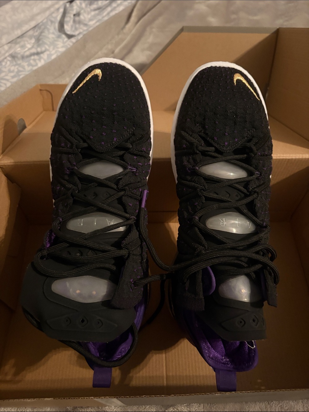 LeBron XVIII Nike Black and Purple Sneakers with Gold Swoosh